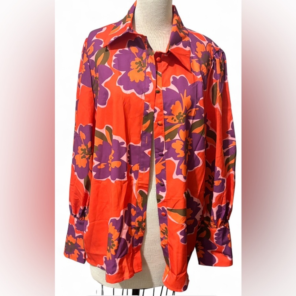 UUE Orange Purple Floral Button Up Blouse Women's XL Long Sleeve Lightweight Top